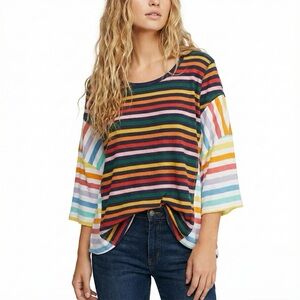Upcycled Rainbow Striped Tunic OS Oversized S-XL Boho Maximalist Hippie Mod